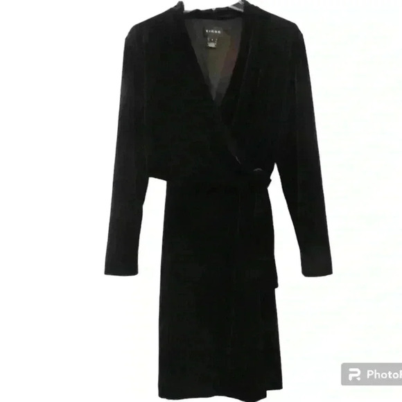 Vintage Virgo Black Velvet Faux Wrap Tie Waist Goth Classic Y2K Dress Size 8P - Picture 1 of 9